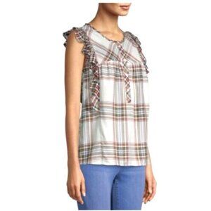 Time & Tru Womens ruffled tank top Plaid flutter/Cap Sleeve Sz M multicolor EUC
